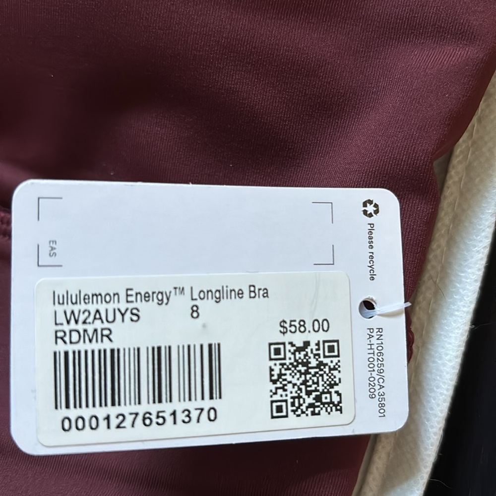 LULULEMON ENERGY BRA LONG LINE IN RED MERLOT (RDMR) SZ 8,10 NWT - Picture 5 of 9
